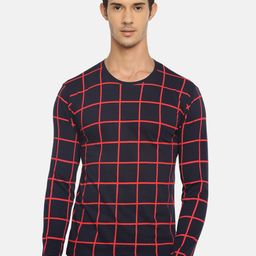 Braveo Men Navy BlueRed Windowpane Checked Round Neck Pure Cotton T-shirt-image-16