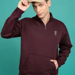 HIGHLANDER Burgundy High Neck Drop Shoulder Sleeves Relaxed Fit Pullover Sweatshirt-picture-31