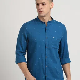 Turtle Men Micro Ditsy Printed Band Collar Relaxed Slim Fit Casual Shirts-image-91
