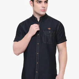 Kuons Avenue Mandarin Collar Slim Fit Denim Casual Shirt-image-25