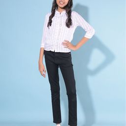 Crimsoune Club Girls Slim Fit Mandarin Collar Three-Quarter Sleeves Cotton Casual Shirt-image-42