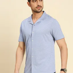 Moda Rapido Blue Classic Slim Fit Striped Lapel Cotton Casual Shirt-picture-22