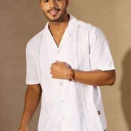 DENNISON Self Design Embroidered Cotton Linen Oversize Smart Casual Shirt-image-2