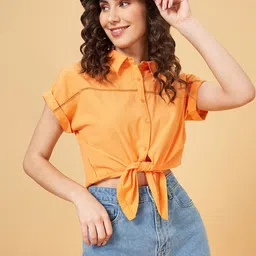 People Self Design Shirt Collar Short Sleeves Boxy  Crop Top-picture-6