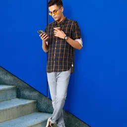 Harvard Men Navy & Yellow Checked Slim Fit Sustainable Casual Shirt-image-36