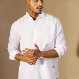 DENNISON Self Design Spread Collar Oversized Linen Smart Casual Shirt-image-5