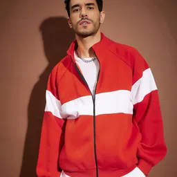 MASCLN SASSAFRAS Red & White Colourblocked Mock Collar Oversized Front-Open Pullover-picture-13