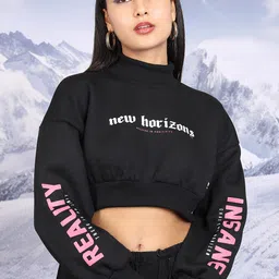 Tokyo Talkies Black Typography Printed Oversized Crop Pullover-image-89