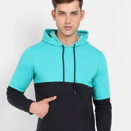Campus Sutra Blue & Black Colourblocked Hooded Cotton Pullover Sweatshirt-image-103