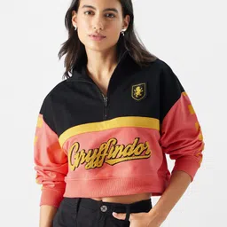 The Souled Store Pink Colourblocked Pullover Crop Sweatshirt-image-78