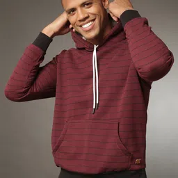 Campus Sutra Men Maroon Striped Cotton Hooded Pullover Sweatshirt-picture-49