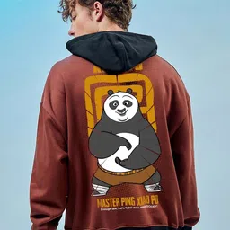 Bewakoof Brown Kung Fu Panda Printed Hooded Fleece Oversized Sweatshirt-picture-1