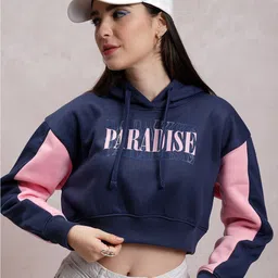Tokyo Talkies Navy Blue Typography Printed Hooded Pullover-image-52