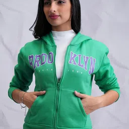 Tokyo Talkies Green Typography Printed Hooded Front-Open Sweatshirt-image-44