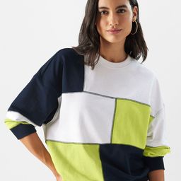 The Souled Store White & Navy Blue Colourblocked Ribbed Oversized Sweatshirt-picture-27