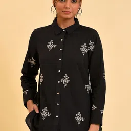 W Black Floral Embroidered Cotton Linen Shirt Style Top-picture-15