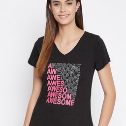 Clovia Women Black & White Graphic Printed Cotton Lounge T-Shirt-image-123