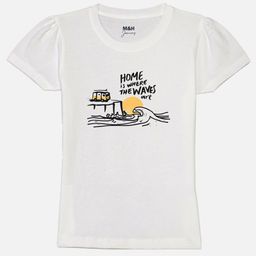 Mast & Harbour Girls White Typography Printed Puff Sleeves Pure Cotton T-shirt-picture-48
