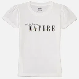 Mast & Harbour Girls White Typography Printed Puff Sleeves Pure Cotton T-shirt-picture-3
