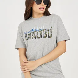 Styli Women's  Oversized Malibu Slogan Round Neck Roll Up Short Sleeve T-Shirt-picture-36
