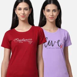 UnaOne Women Pack of 2 Maroon & Purple Typography Printed Pure Cotton T-shirt-image-39