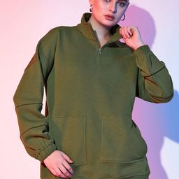 STREET 9 Olive Green Mock Collar Fleece Sweatshirt-image-17