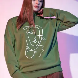 STREET 9 Olive Green Graphic Printed High Neck Sweatshirt-picture-11