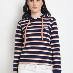 Club York Women Navy Blue & Peach Striped Hooded Sweatshirt-image-87