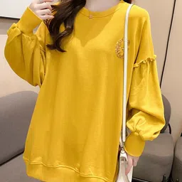 StyleCast x Revolte Yellow Typography Printed Embellished Cotton Sweatshirt-34