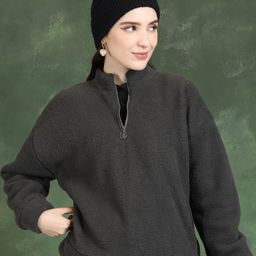 Tokyo Talkies Grey Mock Collar Oversized Pullover Sweatshirt-image-15