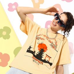 DILLINGER Beige & Black Printed Oversized Pure Cotton Longline T-shirt-16