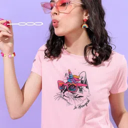 Tokyo Talkies Women Pink Printed Slim Fit T-shirt-image-37