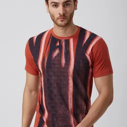 YAK Men Orange  Blue Abstract Printed  Slim Fit Pure Cotton T-shirt-image-6