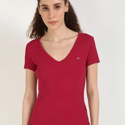 Tommy Hilfiger Women Solid V-Neck Slim Fit Cotton T-shirt-image-53