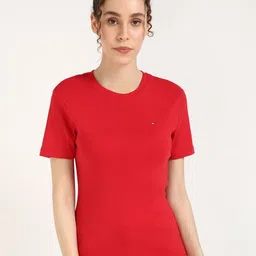 Tommy Hilfiger Women Solid Round Neck Slim Fit Cotton T-shirt-image-88