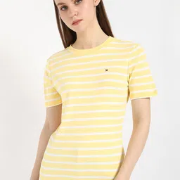 Tommy Hilfiger Women Striped Round Neck Slim Fit Cotton T-shirt-image-71