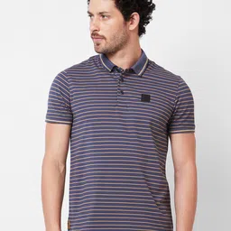 SPYKAR Striped Polo Collar Cotton Slim Fit T-shirt-image-4