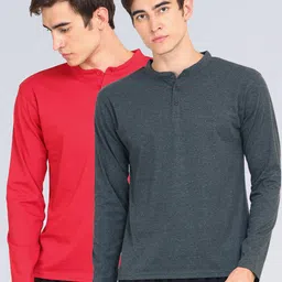 appulse Men Red & Grey Pack of 2 Mandarin Collar Slim Fit Cotton T-shirt-13