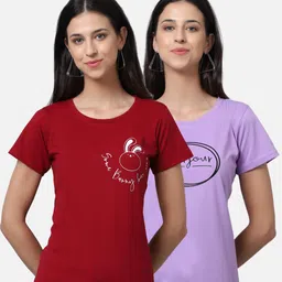 UnaOne Women Pack Of 2 Maroon & Purple Printed Pure Cotton T-shirt-image-32