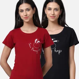UnaOne Women Pack of 2 Maroon & Black Typography Printed T-shirt-image-91