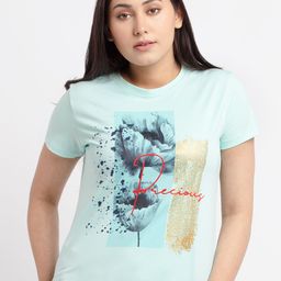 Status Quo Women Blue Printed Cotton T-shirt-image-29