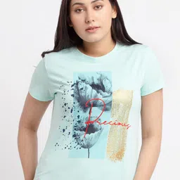 Status Quo Women Blue Printed Cotton T-shirt-image-22
