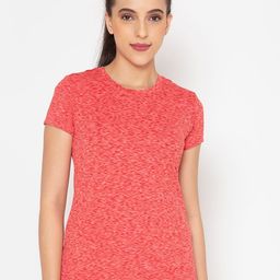 BODYACTIVE Women Pink Self Design Printed T-shirt-image-89