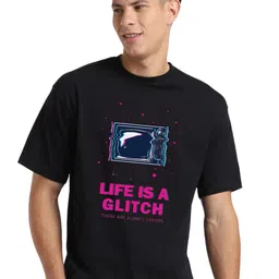 NOBERO Life Is A Glitch Graphic Printed Drop-Shoulder Sleeves Cotton Oversized T-shirt-image-33