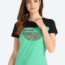 shashvi Women Teal & Black Typography Printed Cotton T-shirt-picture-38