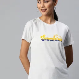 Metronaut Women White & Mustard Yellow Typography Printed T-shirt-image-61
