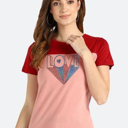 shashvi Women Peach-Coloured & Red Cotton T-shirt-image-95
