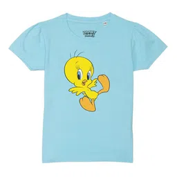 Looney Tunes by Wear Your Mind Girls Blue Tweety Printed Puff Sleeves Pure Cotton T-shirt-image-88
