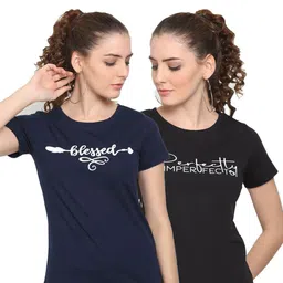 UnaOne Women Black & Navy Blue Typography 2 Printed T-shirt-image-90