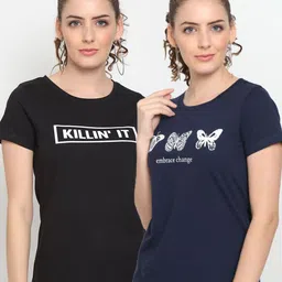 UnaOne Women Pack of 2 Black & Navy Blue Printed Extended Sleeves Pure Cotton T-shirt-image-42